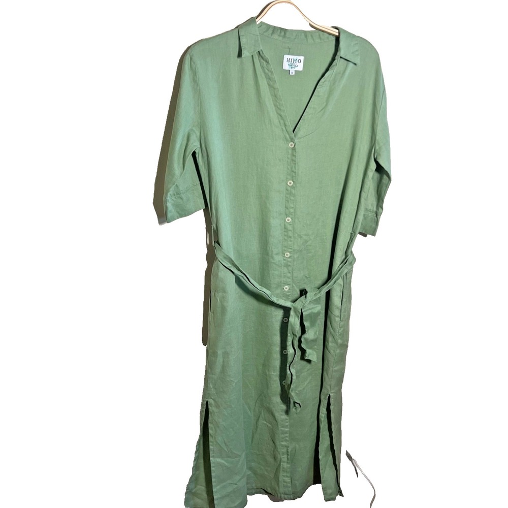 Hiho  100% Linen Midi Wrap Tie Dress Double Pocket Short Sleeve‎ Women Small